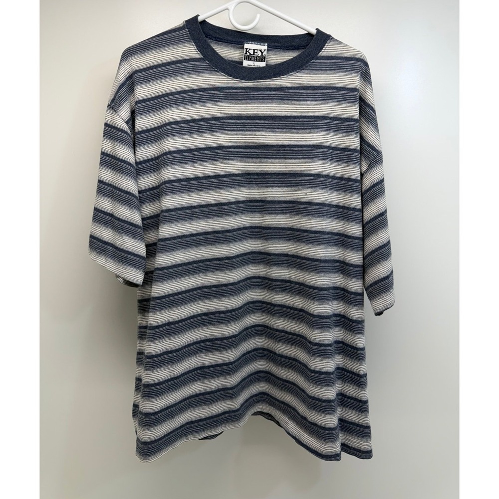 Vintage Key Elements Shirt Mens Large Blue Striped Ringer Tee T-Shirt USA